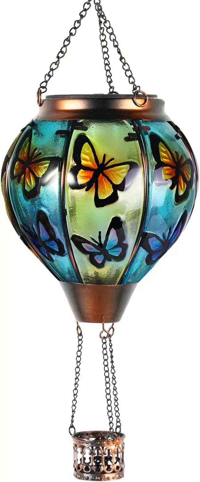 pearlstar Hot Air Balloon Solar Lantern with Flickering Flame Light Outdoor Solar Hanging Lights Waterproof for Garden Yard Farmhouse Patio Pathway Outside Decoration,Glass(Butterfly) by GreenHaven Gardens