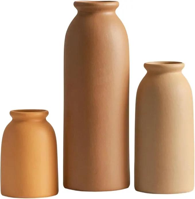 Ceramic Vase Set-3, Small Flower Vases for Decor, Modern Boho Farmhouse Style, Decorative Vases for Pampas Grass & Dried Flowers, Distressed Finish (Earth Tone) by GreenHaven Gardens