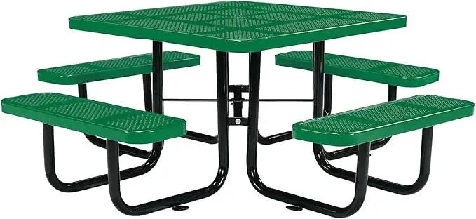 Global Industrial 46" Square Picnic Table, Perforated Metal, Green Thermoplastic Coating, Attached Benches, 1-1/2” Umbrella Pole Hole, Outdoor-Rated, 1200 lb Capacity by GreenHaven Gardens