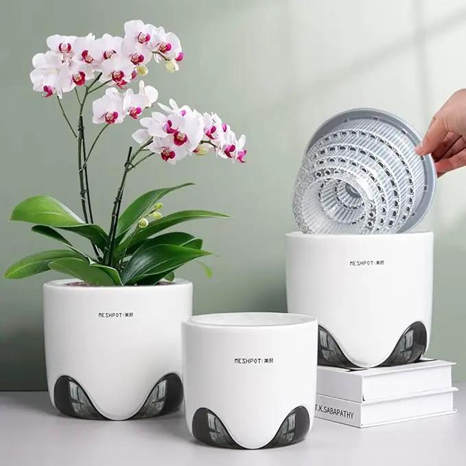 4 inch Orchid Pot with Holes for Repotting, Double Layer Plastic Imitate Ceramic Planter, Clear Orchid Pot Match Decorative Container by GreenHaven Gardens
