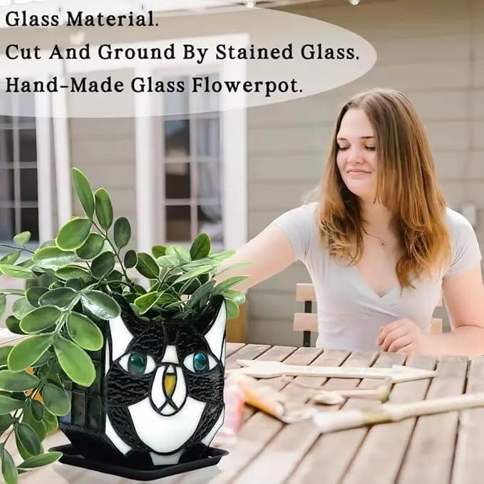 Tiffany Cute Cat Stained Glass Flower Pots,Indoor and Outdoor Plant Displays,Black Cat Plant Planter,Candle Holder Container Decoration 4.6 x 5.15 x 3 inch(Without Succulents) by GreenHaven Gardens