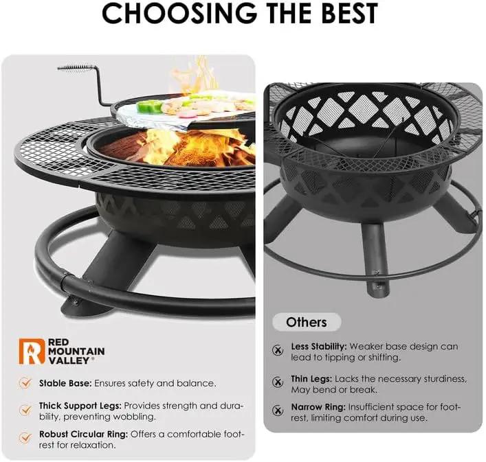 Red Mountain Valley 47" Outdoor Fire Pit with Adjustable Grill, 2-in-1 Outdoor Large Wood Burning Firepit Bowl, Bonfire Patio Fire Pits with Cooking grates, Metal Round Table for Backyard by GreenHaven Gardens