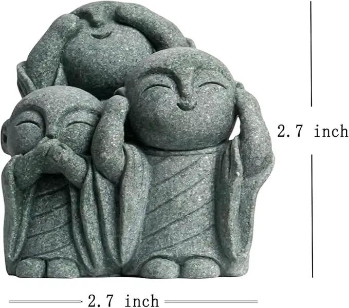 OwMell 3 Japanese Jizo Statue Stone Japanese Buddha Jizo Monk Statue Figurine Memorial Statue Aquarium Decoration Garden Outdoor Ornament 3"" - No Evil, Gray by GreenHaven Gardens