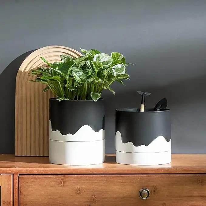 Nihow Self Watering Plant Pot: 6 Inch Ceramic Planter with Drainage Hole & Water Storage Plus for Indoor & Outdoor Plants - Cylinder Round Flower Pot for Succulent/Herbs/Violets - Black & Wave White by GreenHaven Gardens
