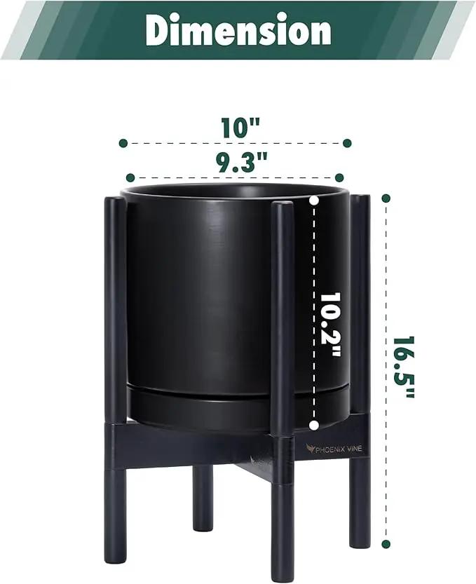 D'vine Dev Ceramic Planter with Ebony Stand - 10 Inch Modern Round Flower Pot with Wood Planter Holder, Black, 55-B-L-2 by GreenHaven Gardens