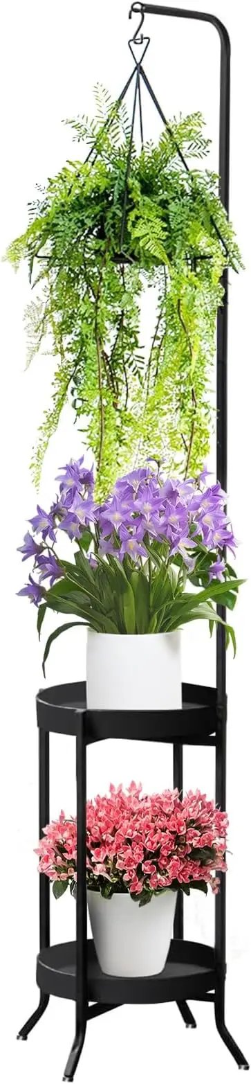 Hanging Plant Stand Indoor Outdoor, Space-Saving Corner Metal Plant Shelf 3 Potted Flower Pot Stand, 2 Tier 61" Tall Modern Planter Holder for Patio Garden Balcony Living Room Bedroom, Black by GreenHaven Gardens