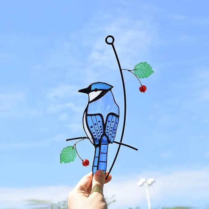 Lolitarcrafts Blue Jay Modern Stained Glass Window Hangings Blue Birds Suncathers for Window by GreenHaven Gardens