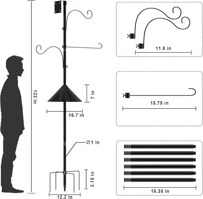 Bird Feeder Pole 118 Inch, Hummingbird House Mount Kit With Squirrel Proof Baffle, Double Shepherds Hooks for Outdoor, Yard, Garden Decor, Black (House Not Included) by GreenHaven Gardens