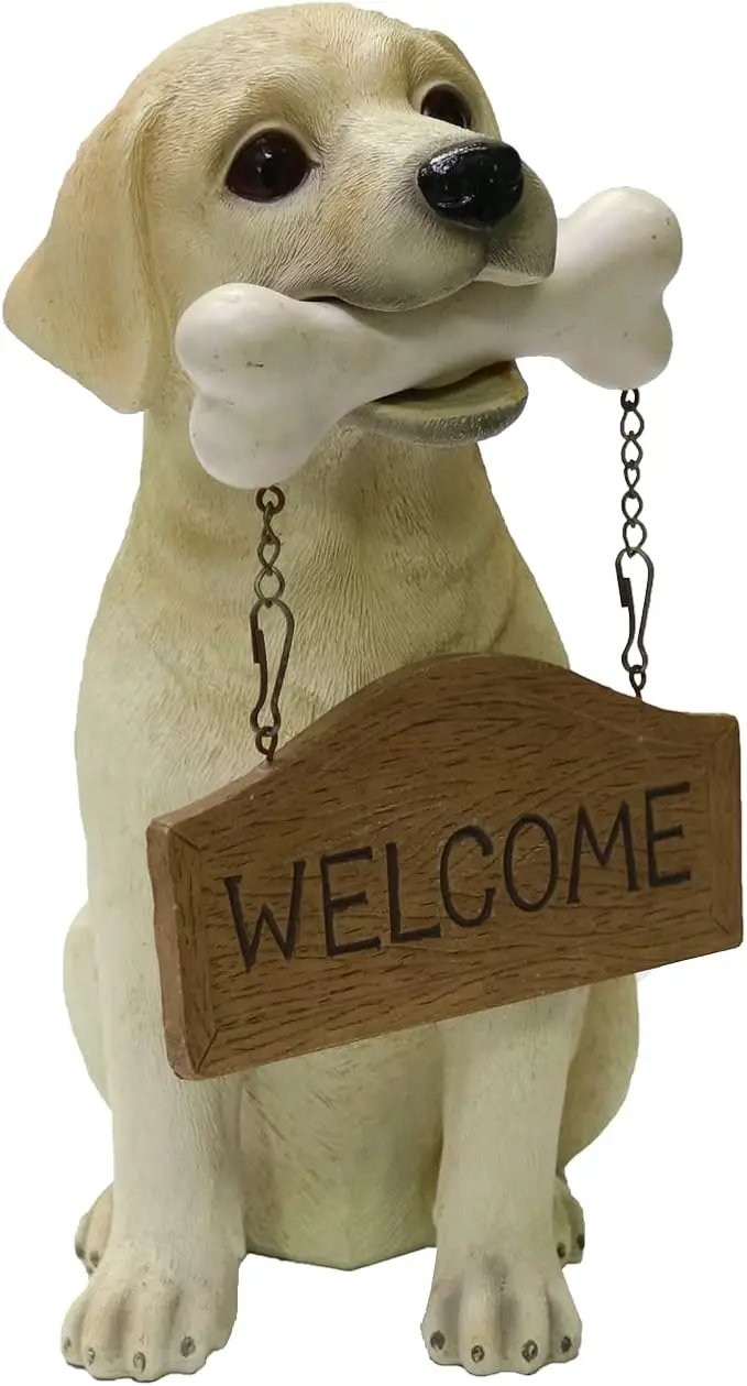 Nature's Mark Labrador Retriever Dog Puppy Statue with Reversible Welcome Sign and Go Away Sign Resin Garden Decor 12" H by GreenHaven Gardens