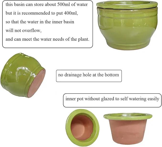 African Violet Pots Self Watering Round Ceramic Violet Pot (Green, 6 inch) by GreenHaven Gardens