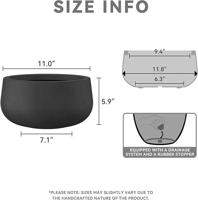 Kante 11.8" Dia Round Concrete Planter, Cement Plant Pots with Drainage Hole and Rubber Plug for Outdoor Indoor Garden Home, Modern Curvaceous Design, Black by GreenHaven Gardens