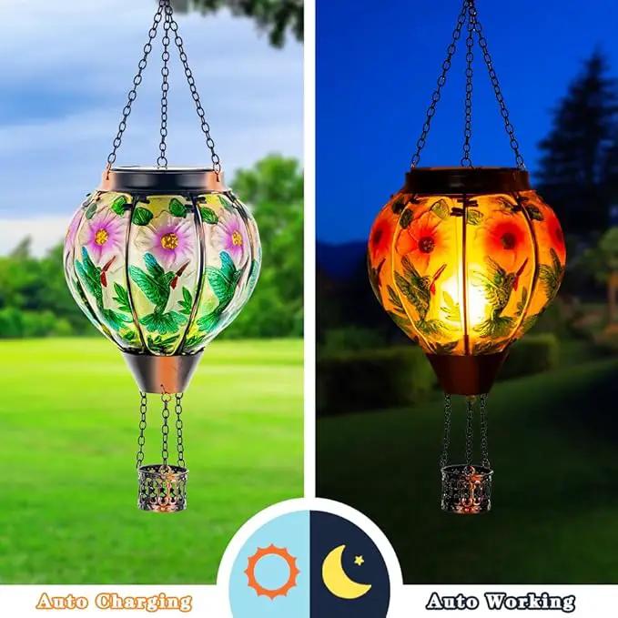 DREAMSOUL Hummingbird Hot Air Balloon Solar Lantern, Hanging Solar Lanterns Outdoor with Flickering Flame Light, Metal & Glass Solar Lanterns Outdoor Waterproof for Patio Yard Decor by GreenHaven Gardens