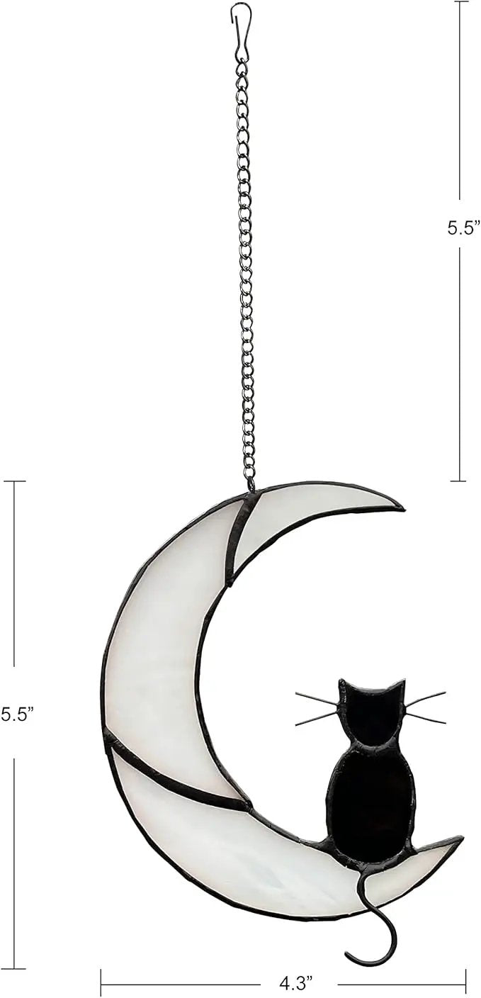 Black Cat Decor On White Moon Stained Glass Window Hanging Suncatcher for Windows Panels Sun Catcher Halloween Ornament Decoration Memorial Gift Cat for Lover Cat Loss by GreenHaven Gardens