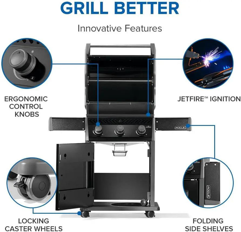 Napoleon Rogue 425 Propane Gas Grill, Black, Durable 3-Burner BBQ by GreenHaven Gardens