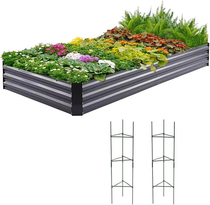 Quictent Galvanized Raised Garden Bed 8x4x1 Ft Metal Planter Box for Vegetables Bottomless for Backyard, 2 Tomato Cages Included, Dark Grey by GreenHaven Gardens
