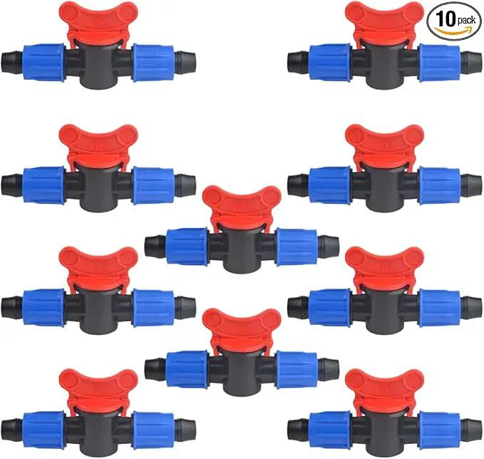 10Pack 1/2 Inch Drip Irrigation Shut-Off Valve Universal Drip Irrigation Tubing Coupling Valve Drip Connector Fitting Compatible with 16 to 17 mm Drip Tape Tubing Sprinkler System (Blue Red) by GreenHaven Gardens