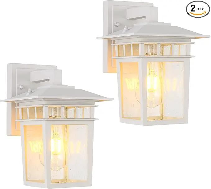 Outdoor Wall Lantern, Exterior Lighting Fixtures Wall Mount, 2 Pack White Outdoor Sconces with Seeded Glass, Exterior Porch/Patio Lights for House Front Door Garage by GreenHaven Gardens