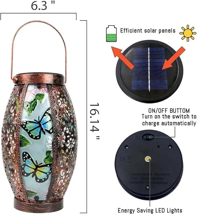 Butterfly Solar Lanterns Glass & Metal Hanging Lantern Outdoor Waterproof 16" H Tabletop Light with Hollowed-Out Design for Garden Patio Table Decor Mother's Day Gift by GreenHaven Gardens