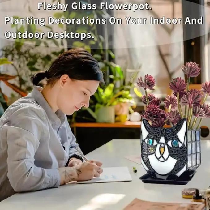 Tiffany Cute Cat Stained Glass Flower Pots,Indoor and Outdoor Plant Displays,Black Cat Plant Planter,Candle Holder Container Decoration 4.6 x 5.15 x 3 inch(Without Succulents) by GreenHaven Gardens