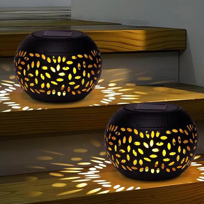 Solar Lantern Outdoor Table Light, 2 Pack Waterproof Decor, Hollow Out Retro Black Metal Patio Lights, Yard Porch Garden Balcony Indoor Desk Bedroom Tabletop Decorations by GreenHaven Gardens