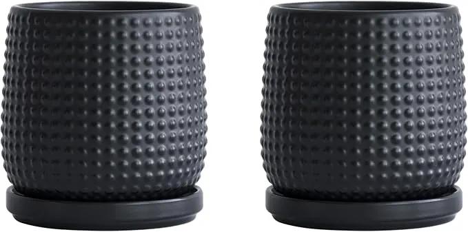 D'vine Dev Set of 2 Ceramic Plants Pots, 4 Inch Beaded Stoneware Flower Pot for Plants with Drainage Hole and Saucer, Ebony Matte, 27-E-Z-6 by GreenHaven Gardens