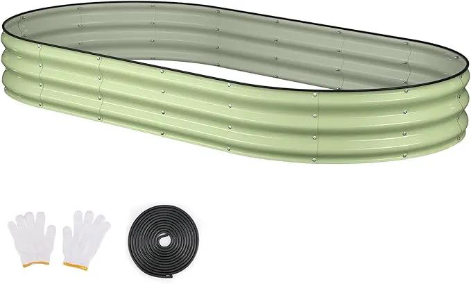 Raised Garden Bed, 8x4x1ft Galvanized Outdoor Planter Beds with Safety Edging and Gloves, Oval Metal Planter Box for Gardening Vegetables Flowers Herb by GreenHaven Gardens