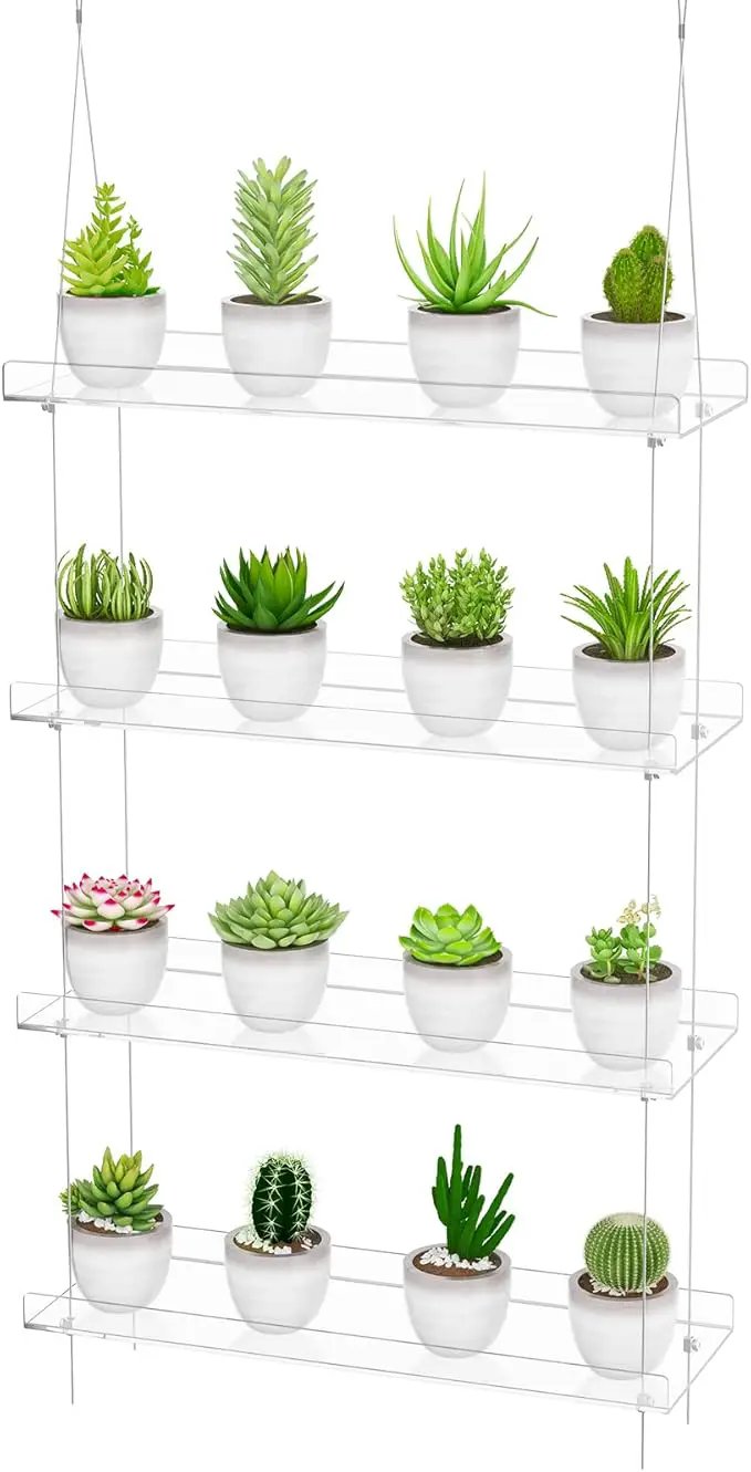 4-TierClear Plant Shelves, Height Adjustable Hanging Acrylic Indoor Wall Hanging Plant Stand Flower Display, Flower Pot Organizer Storage for Window Grow Herbs, Microgreens, Succulents, 16 Inch by GreenHaven Gardens