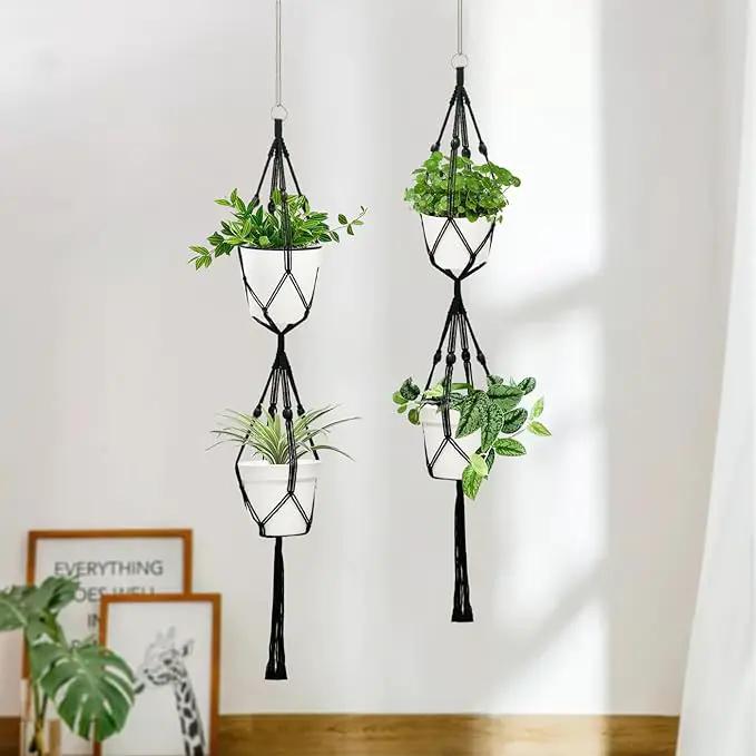 Belit 2 Pack Double Macrame Plant Hangers 2 Tier Hanging Planter Basket Decorative Flower Pot Holder Rope for Indoor Outdoor Home Decor 51 Inch, Black by GreenHaven Gardens