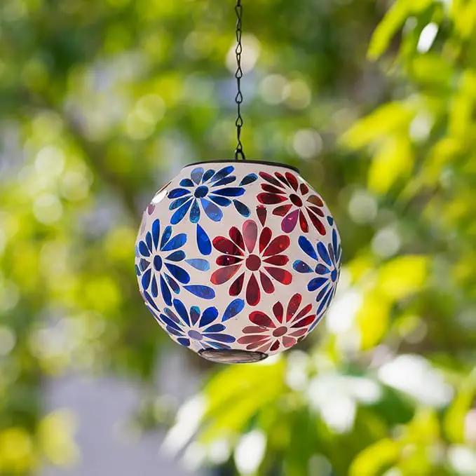 Solar Lanterns Outdoor Waterproof, Hanging Mosaic Flower Solar Lantern with Hook, Hanging Gazing Ball Globe Lantern for Garden Patio Yard Decor by GreenHaven Gardens