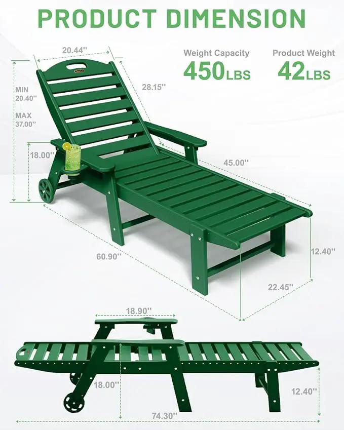 Chaise Lounge Outdoor with Wheels, Adjustable 6-Position Chaise Lounge Outdoor, Patio Lounge Chair for Poolside Backyard, Green by GreenHaven Gardens