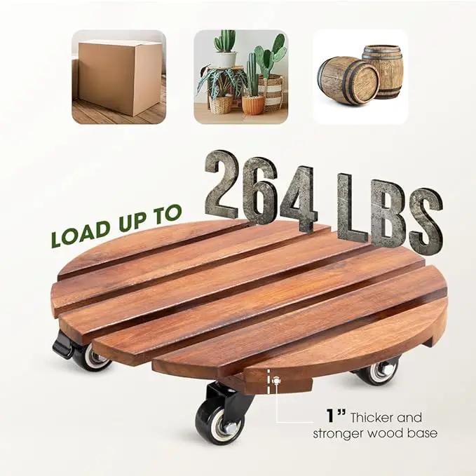 2pack Wood Plant Caddy With Wheels Heavy Duty Red Brown, 264 Lbs Capacity, 12 Inch Acacia Hardwood Plant Dolly, Plant Stand with 360° Lockable Wheels for Plant Pots, Heavy Objects Hauling by GreenHaven Gardens