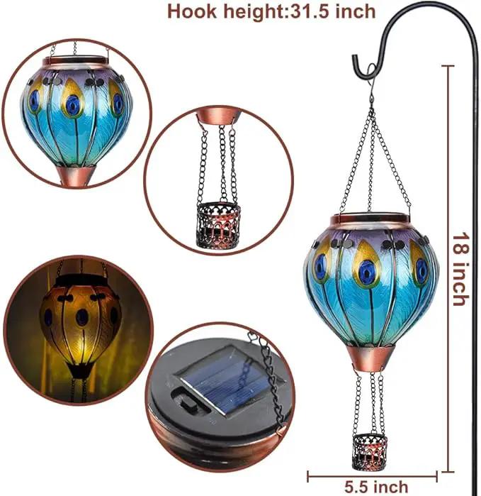 2PCS Solar Hot Air Balloon Lanterns with Flame with Shepherd's Hooks, Glass Hanging Flickering Lights Outdoor Waterproof for Garden Tree Yard Patio Mother's Day Gift, 18" H Peacock-Blue by GreenHaven Gardens