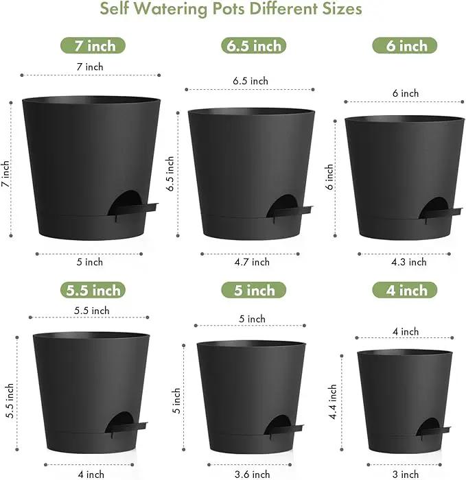 7/6.5/6/5.5/5/4 inch Self Watering Pots for Indoor Outdoor Plants, 6 Pack Plastic Flower Planters with Drainage Holes and Removable Saucers, Plant Pots with Wicking Rope, Modern Decor, Black by GreenHaven Gardens