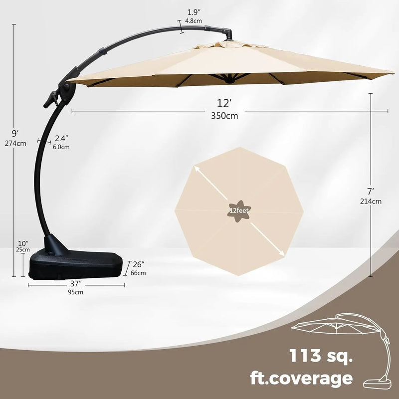 Grand patio 12 FT Sunbrella Cantilever Umbrella with Base Outdoor Aluminum Offset Umbrella with Tilt Adjustment (Flax, 12 FT-SUNBRELLA) by GreenHaven Gardens
