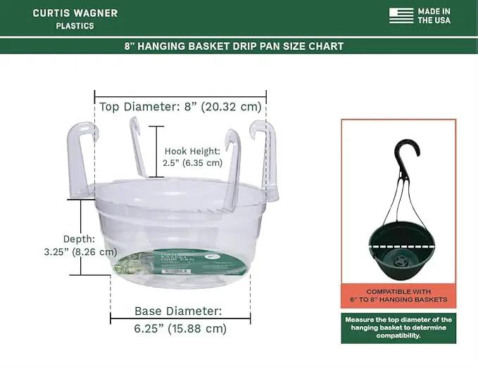 Curtis Wagner Plastics Hanging Basket Drip Pans (5-Pack) | Clear, Round (Diameter = 6.25" Base, 8" Top, 3.5" Depth) Hanging Plant Tray Saucer with Built-in Hooks & Water Catcher for Indoor & Outdoor by GreenHaven Gardens