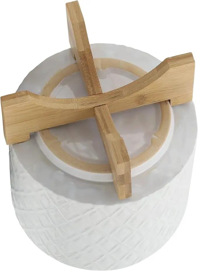 8" Ceramic Planter Stand, White Diamond Design with Wooden Base, Indoor/Outdoor Planter with Stand for Your Succulents and Small Plants by GreenHaven Gardens