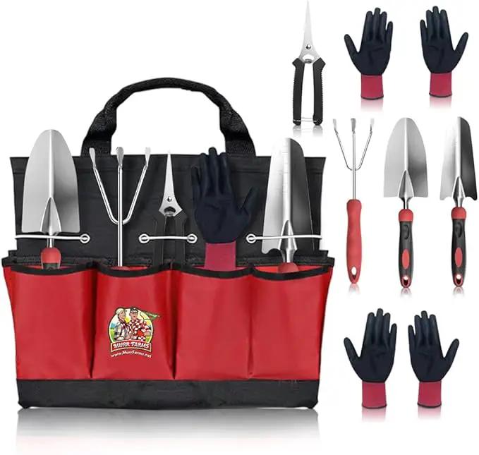 7pc Stainless Steel Heavy Duty Tool Set with Non-Slip Rubber Grip, Garden Gloves and Storage Tote Bag by GreenHaven Gardens