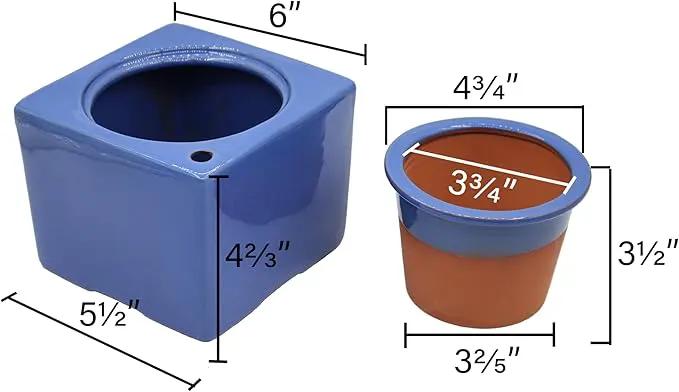 2-Pack Ceramic African Violet Self Watering Pot 6 Inch Square Pot 3.5 Inch Innter Pot Easy Fill Water Reservoir Blue by GreenHaven Gardens