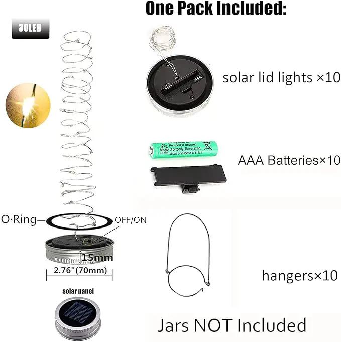 SmilingTown 10 Pack 30 LED Solar Mason Jar Lid String Lights,Fairy Lights Including 10 Pcs Hangers,for Indoor Outdoor Wedding Patio Garden Party Decorations Gift(No Jars) (Warm White) by GreenHaven Gardens