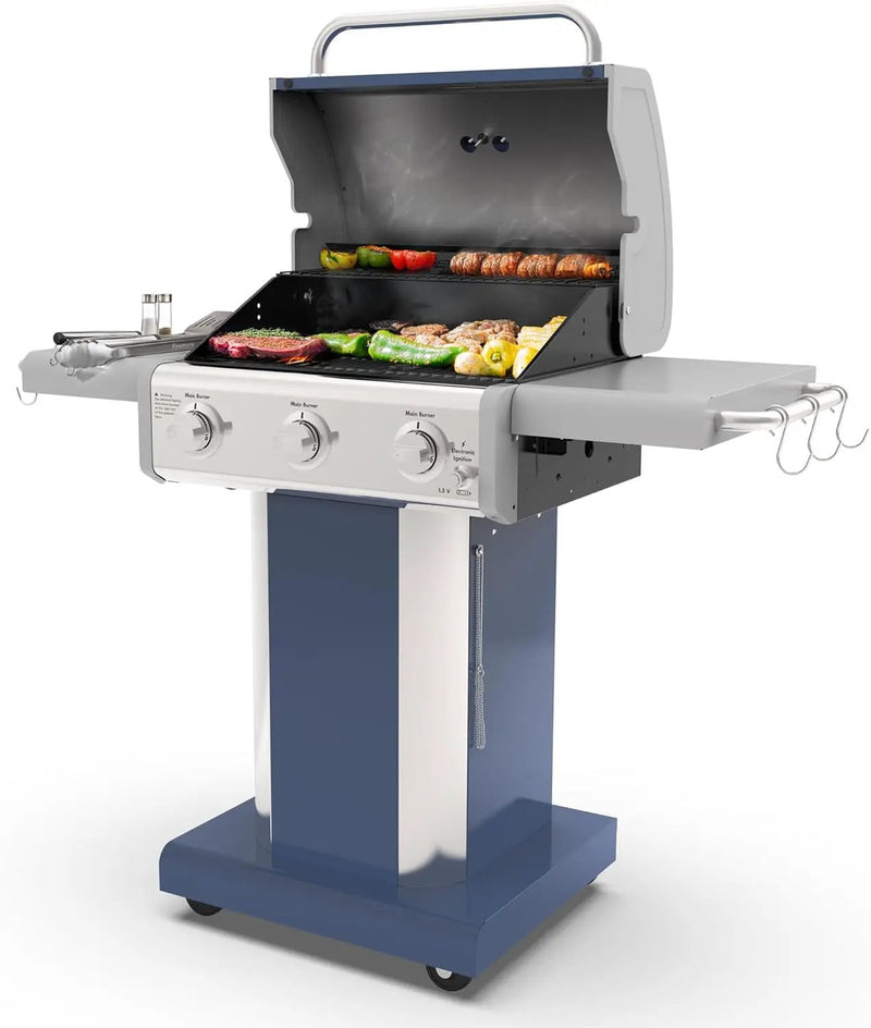 Kenmore 3-Burner Propane BBQ Grill, 30,000 BTUs Gas Grill with Cast Iron Cooking Grates, Folding Side Tables & Wheels, Outdoor Grill with Tool Hooks, Azure Blue by GreenHaven Gardens