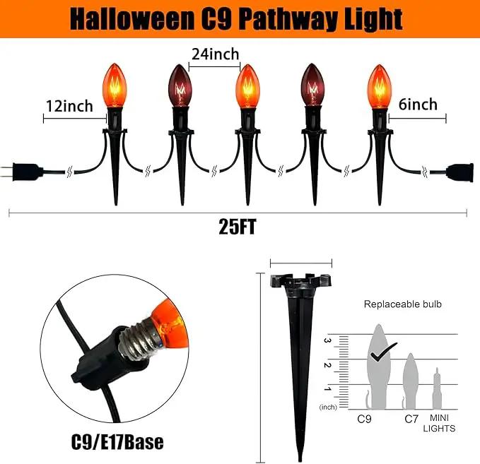 C9 Halloween Pathway Lights Outdoor, 19.5Ft Marker String With Orange and Black Stakes, Walkway Lights for Lawn Yard Sidewalk Garden Decoration by GreenHaven Gardens