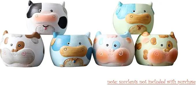 Cow Planter Pots for Small & Succulent Sized Plants, Decorative Indoor & Outdoor Garden Backyard Flower Ceramic Pot Planter Holder, Set of 6, 2.7 in by GreenHaven Gardens