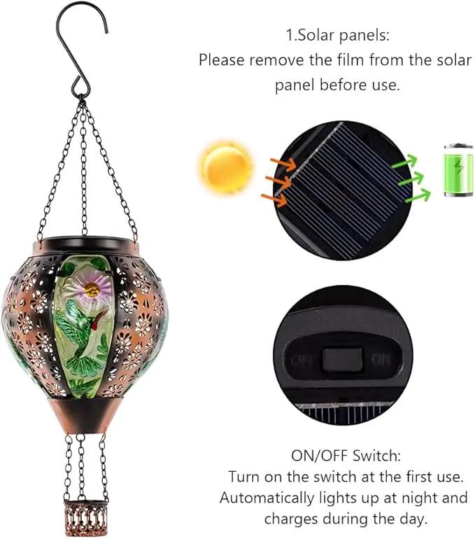DREAMSOUL Hummingbird Hot Air Balloon Solar Lantern, Metal & Glass Flickering Flame Light Solar Lantern, Hanging Waterproof Solar Lanterns Outdoor for Garden Patio Tree Decoration Christmas Gifts by GreenHaven Gardens