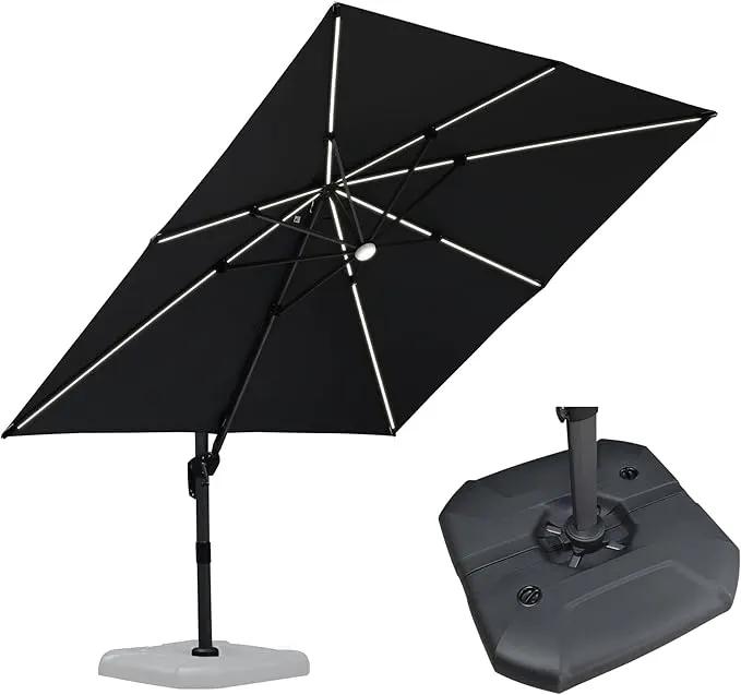 PURPLE LEAF 10 Feet Patio Umbrella with Base Outdoor Cantilever Solar Powered LED Square Umbrella Aluminum Offset Umbrella with 360-degree Rotation for Garden Deck Pool Patio, Grey by GreenHaven Gardens