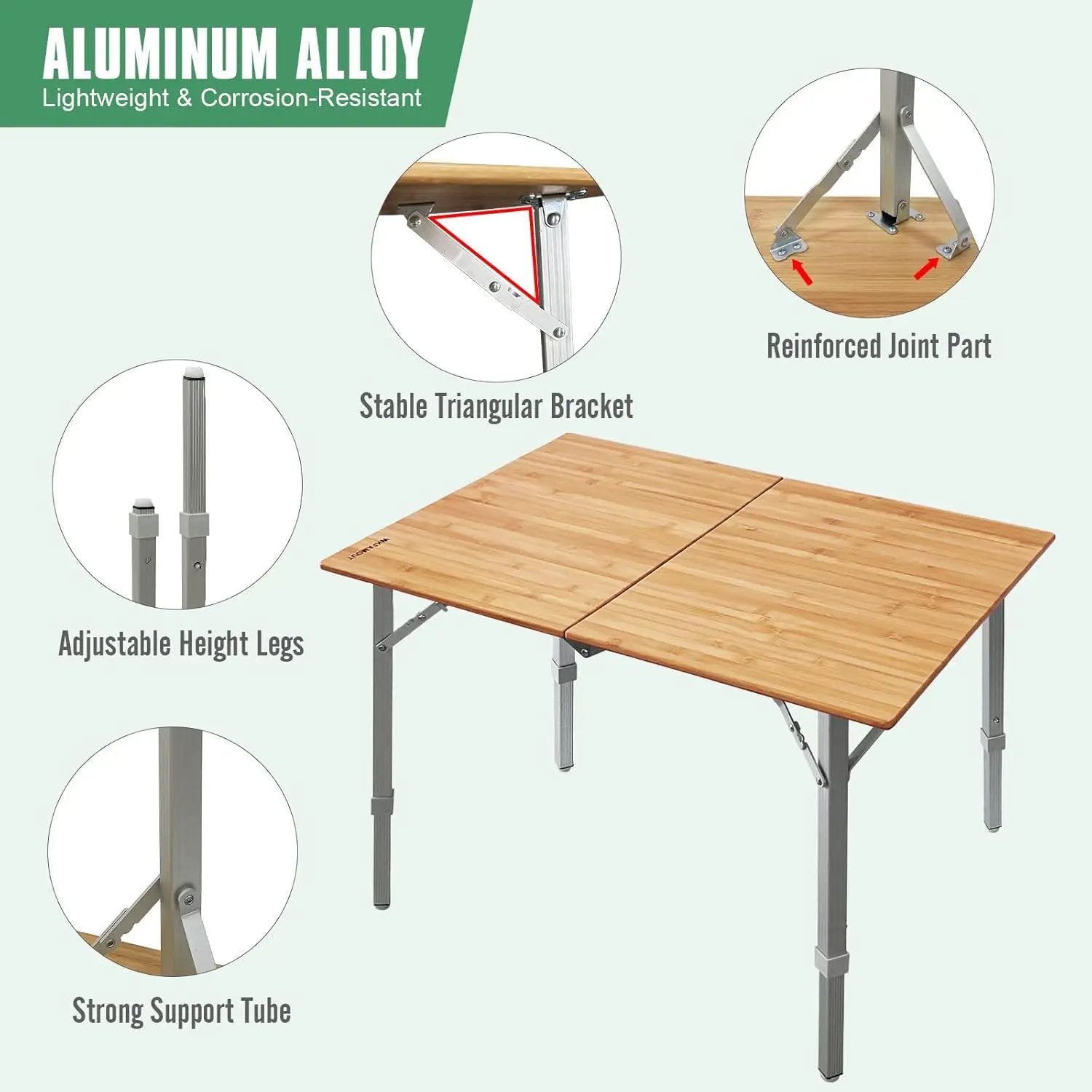 Bamboo Folding Camping Table 2-Folds with Adjustable Aluminum Legs Portable Picnic Table with Carry Bag for Outdoor Hiking Beach 2-4 Person by GreenHaven Gardens