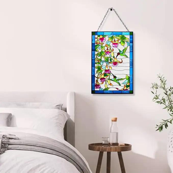 VEWOGARDEN Hummingbird Stained Glass Window Hangings, Bird Suncatcher Panel with Metal Chain for Windows Decor Indoor Outdoor (W10xH15 inch) by GreenHaven Gardens