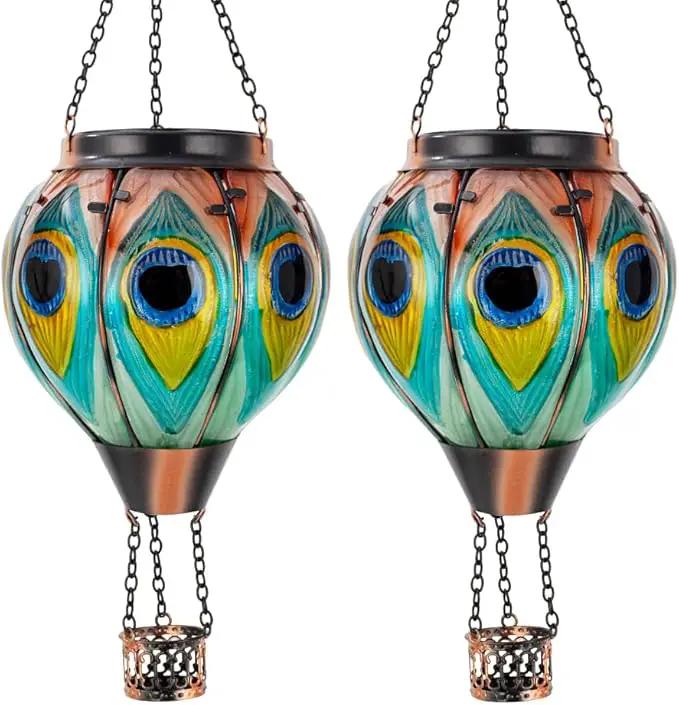 Starsoul 2 PC Peacock Hot Air Balloon Solar Lantern with Flame Glass Outdoor Hanging Hot Air Balloon Solar Light Waterproof Garden Patio Yard Party Decorations by GreenHaven Gardens