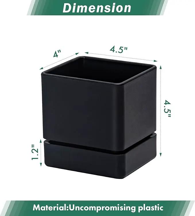 4 Inch Herb Planter Pot, Plastic Planter with Drainage Holes and Saucer, Modern Decorative Gardening Pot for Indoor Plants, Flowers, Herbs, Succulents, Black, Set of 6, 76-Y-B-6 by GreenHaven Gardens