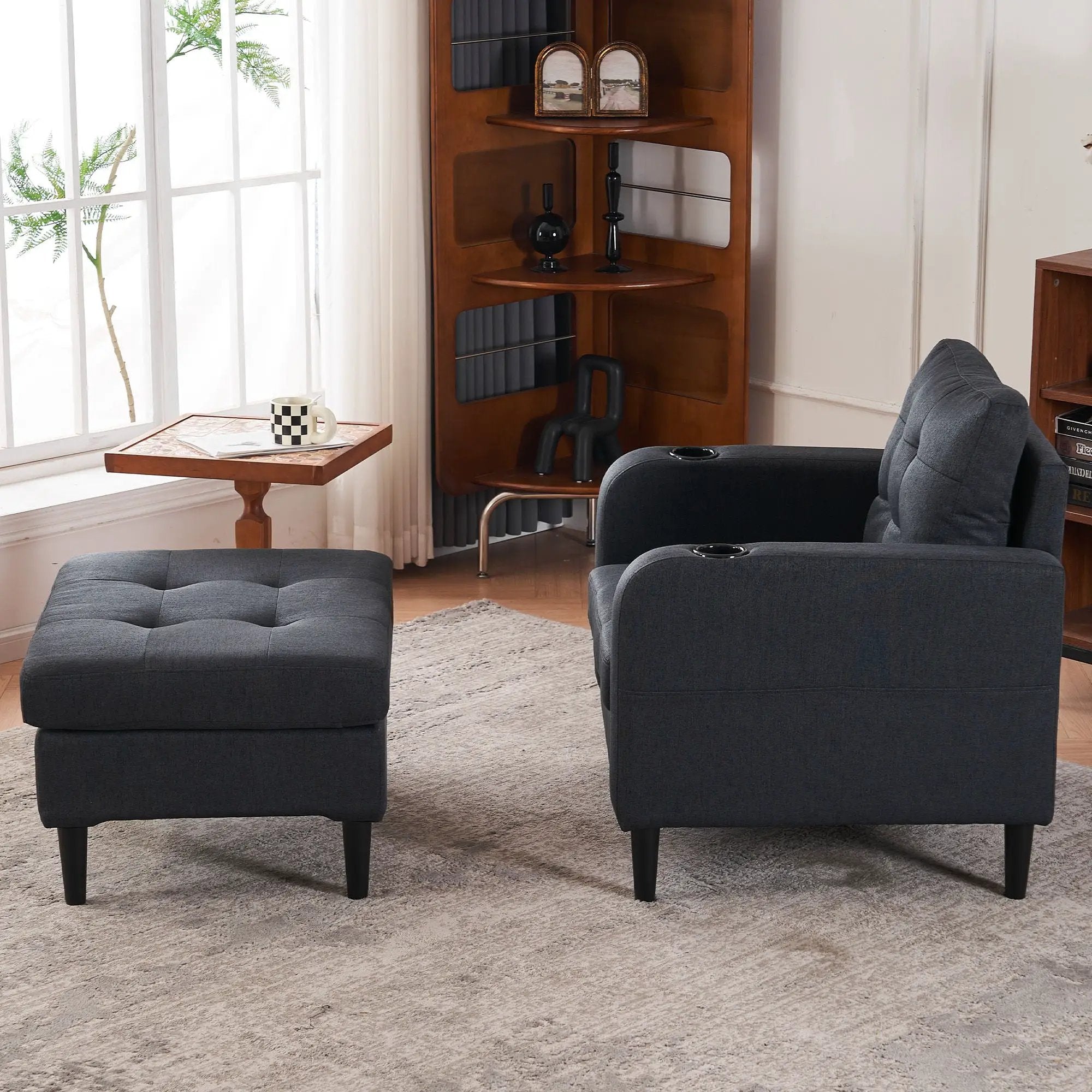 Upholstered Armchair And Storage Ottoman Set, Comfortable Single Sofa With Cup Holders And Tufted Detailing, Ideal For Living Room Or Bedroom by HouseOfZazla