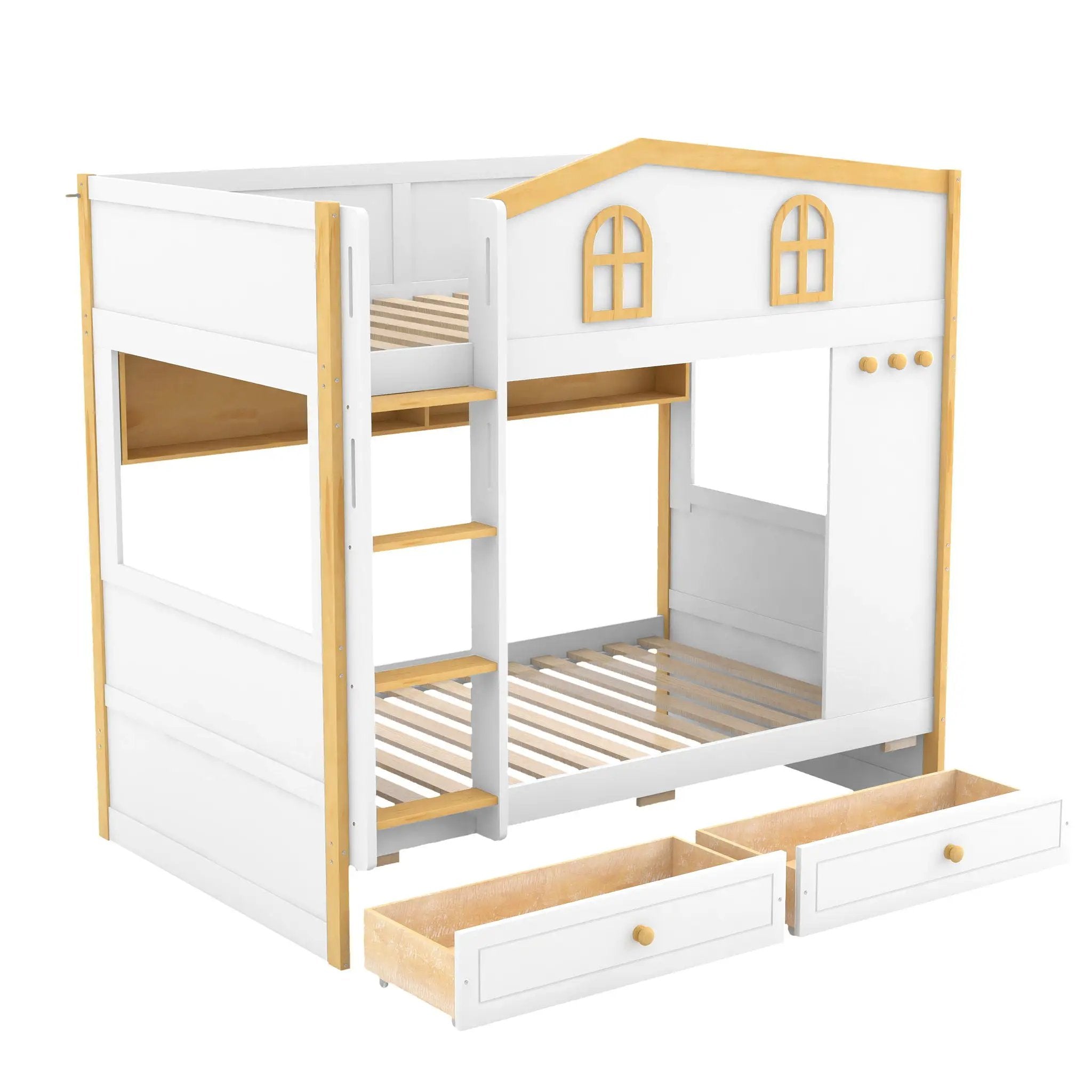 Twin Over Twin Bunk Bed With House Shaped Guardrails, Storage Shelves & Drawers - White / Natural by HouseOfZazla